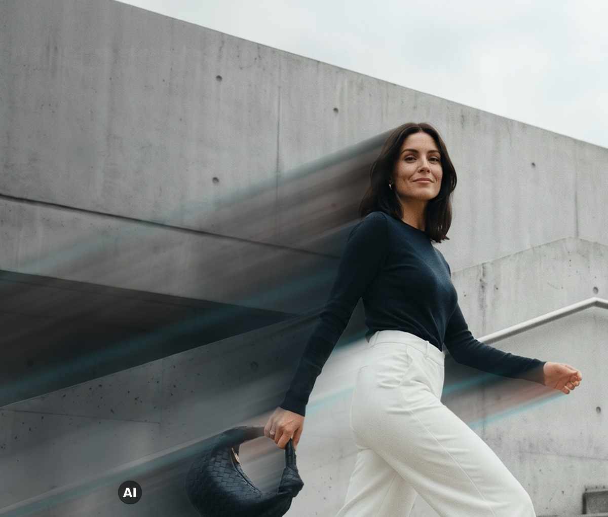 Frau mit Handtasche läuft eine Treppe hinauf